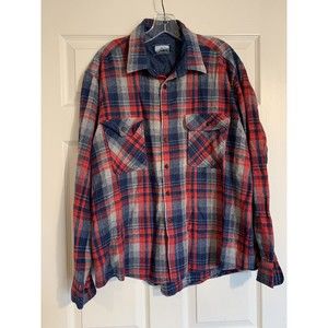 Vtg Fieldmaster Mens Red Gray Blue Plaid Color Block Wool Blend Shirt Sz XL